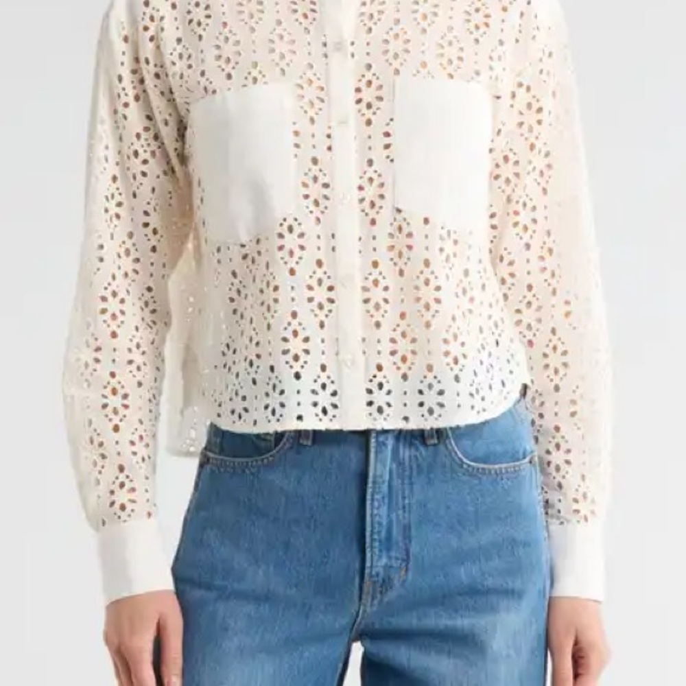 Veronica Beard White Eyelet Button-Down Shirt with Chest Pockets - Picture 9 of 14